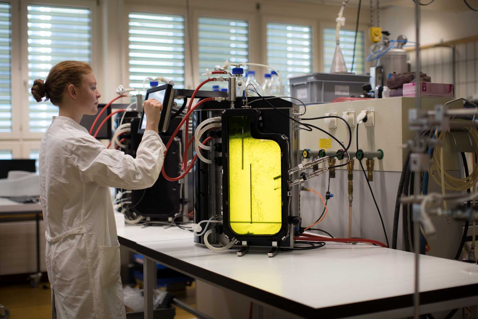 Enlarged view: Iris Haberkorn working on 2 x 2 L Flat Panel Photobioreactors (Photograph: Dominique Meienberg)